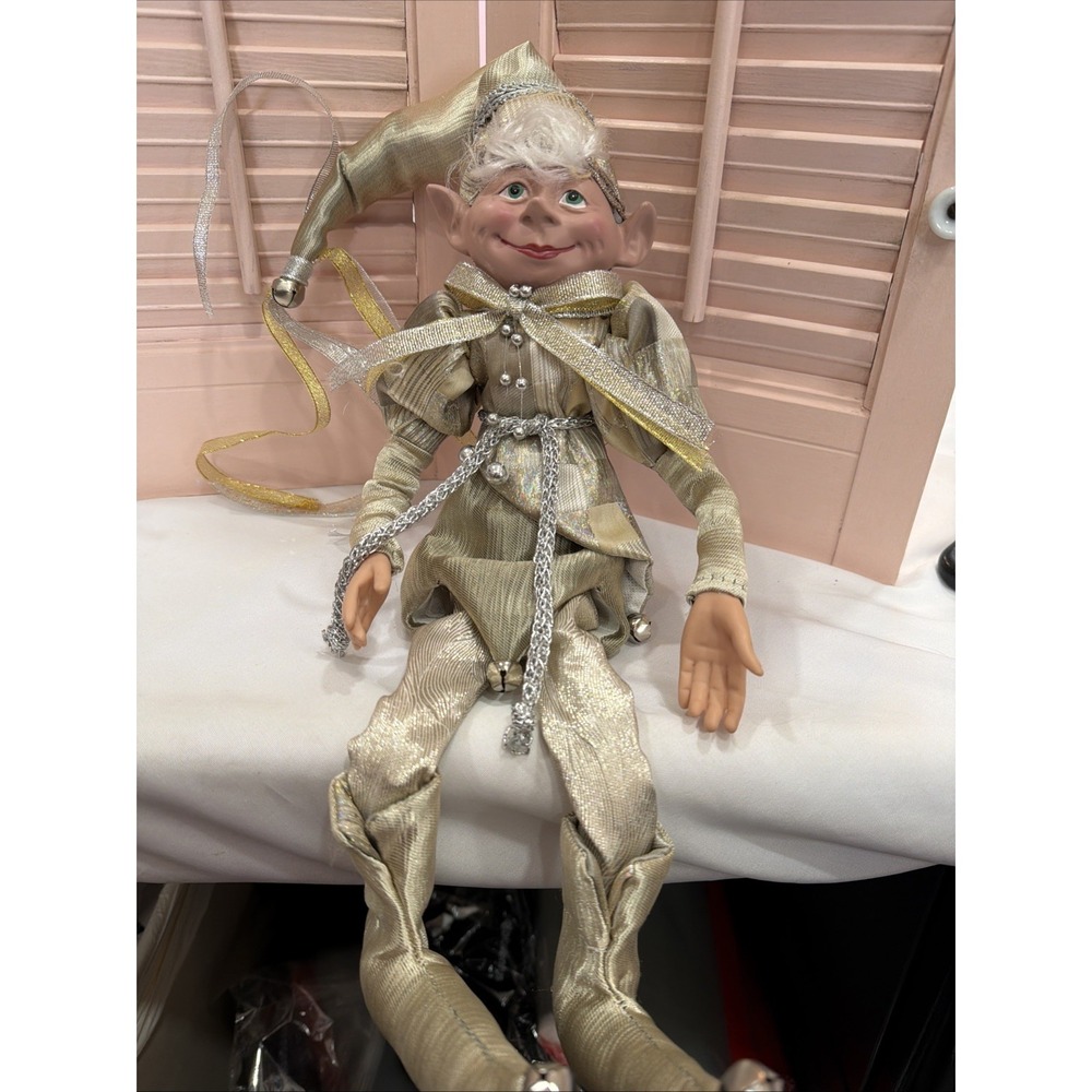 Robert Stanley Tan  Christmas Posable Pixie Elf 16" Gold Doll‎ & Silver